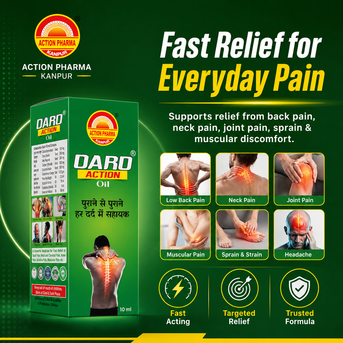 Action Pharma I Dard Action I Oil I Helpful in All Types of Chronic Pain I Muscle Strain I Body Pain I Sprains I Swelling I Sciatica I Neck (Cervical) I Back Pain