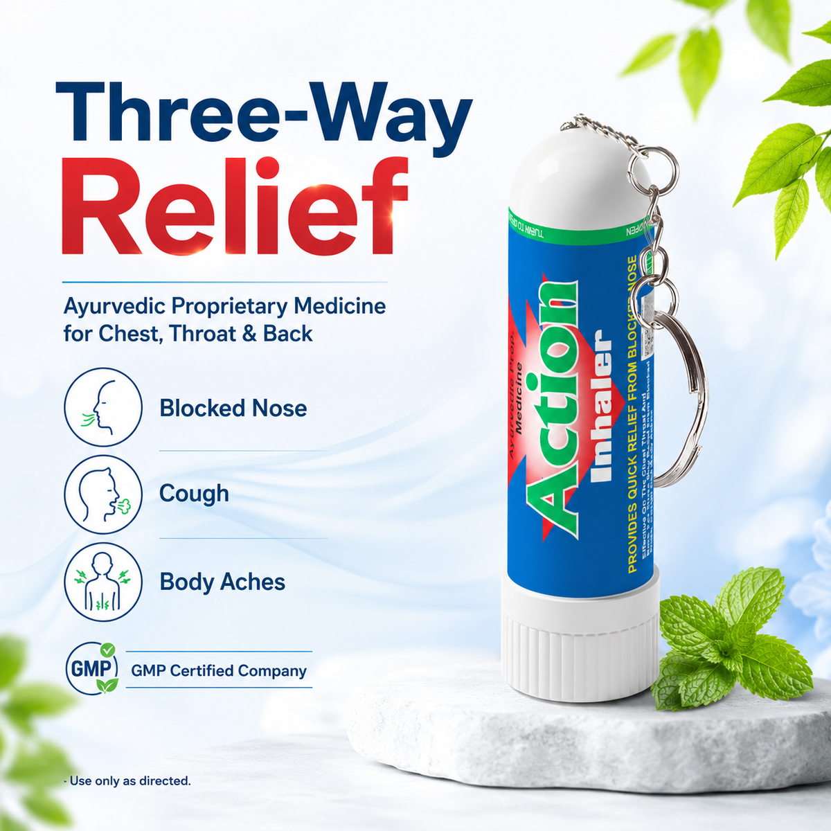 Action Pharma I Action Inhaler I Ayurvedic Proprietary Medicine I GMP Certified Company I Effective 0n the Chest Throat and Back for Three Way Relief from Blocked Nose, Cough and Body Aches I 0.5 ML
