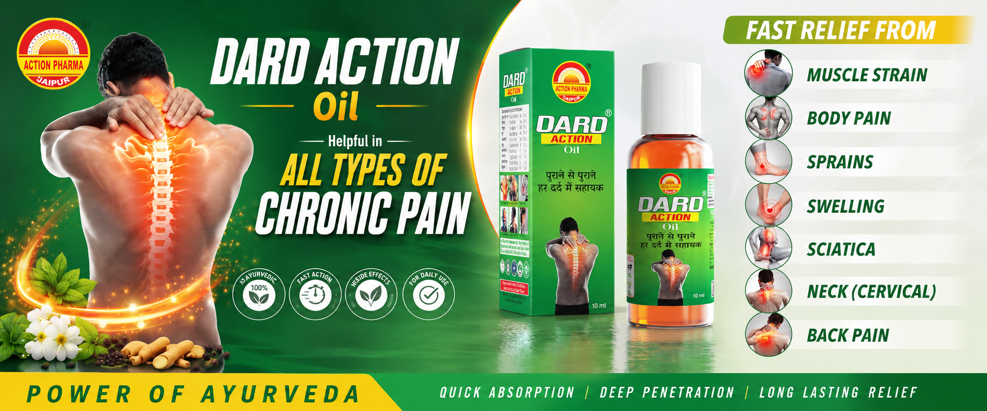 Action Pharma I Dard Action I Oil I Helpful in All Types of Chronic Pain I Muscle Strain I Body Pain I Sprains I Swelling I Sciatica I Neck (Cervical) I Back Pain