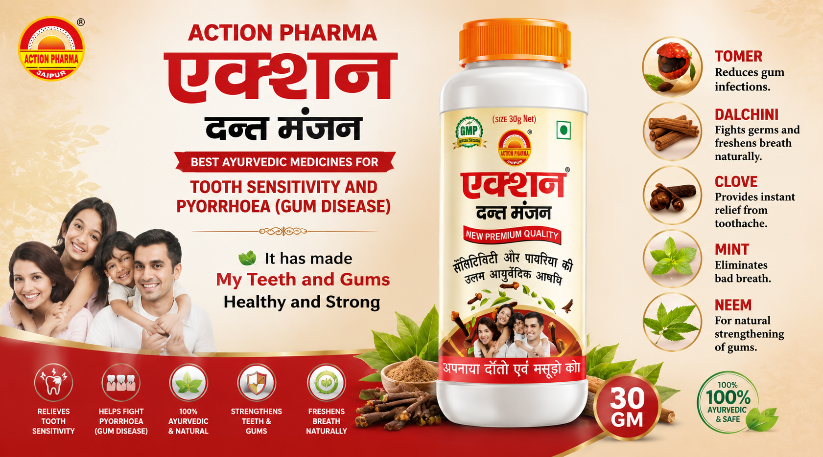 Action Pharma I Action Dant Manjan I Best Ayurvedic Medicines for Tooth Sensitivity and pyorrhoea (Gum Disease) I It has made My Teeth and Gums Healthy and Strong I 30 GM