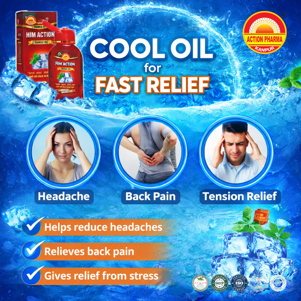 Action Pharma I Him Action Thanda Oil I So cool & Chilled I Forget all the Summer Stress I Headache I Alopecia I Premature Graying of the Hair I Tension and Stress I No Alcohol I No Chemicals I No Surasar
