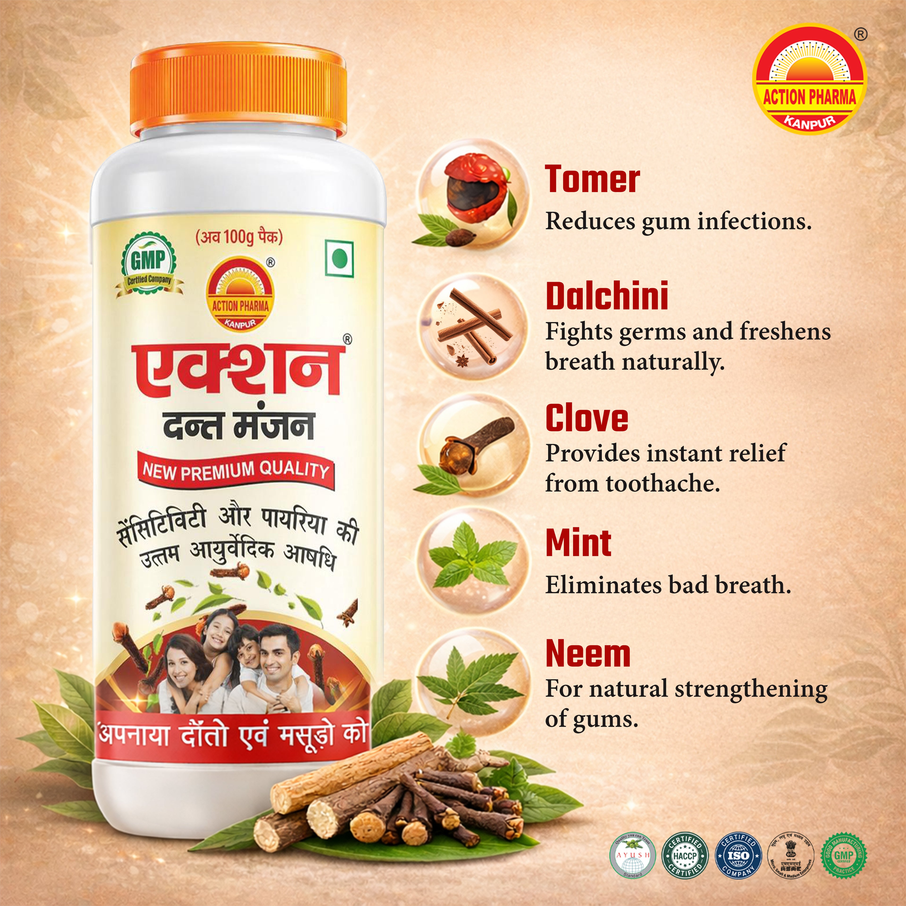 Action Pharma I Action Dant Manjan I Best Ayurvedic Medicines for Tooth Sensitivity and Pyorrhea (Gum Disease) I It has made My Teeth and Gums Healthy and Strong I 180 GM