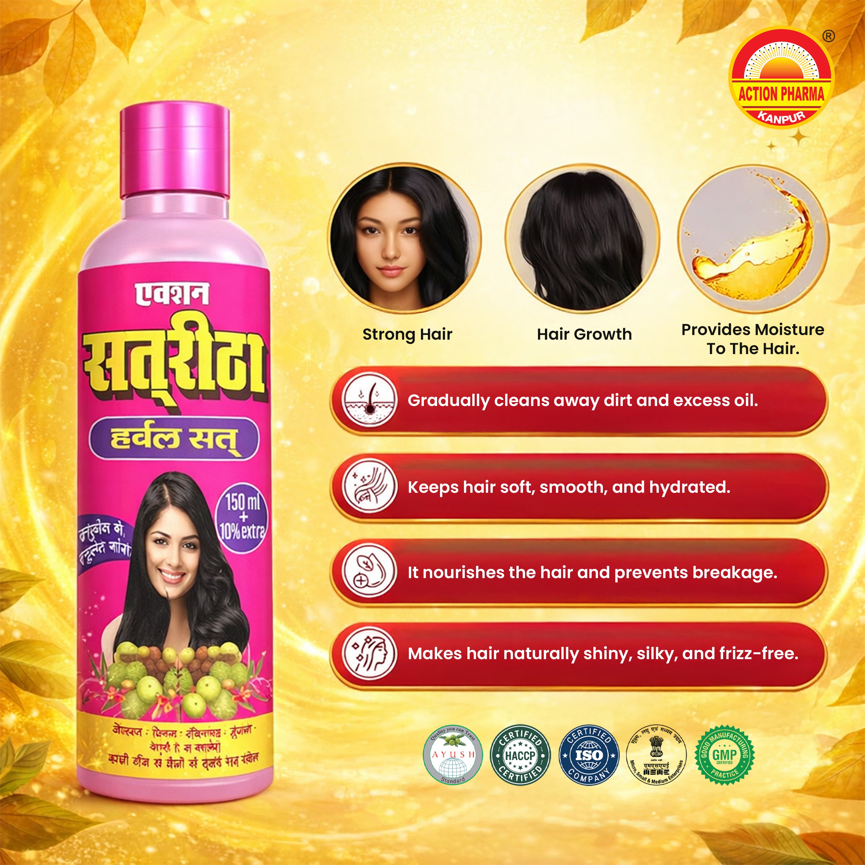 Action Pharma I Action Satreetha Herbal Sat I The invaluable heritage of Ayurveda I Enriched with the benefits of Amla I Reetha I Shikakai I Tulsi I Best for the Protection of hair and Scalp I 150 ML+Extra 15 ML