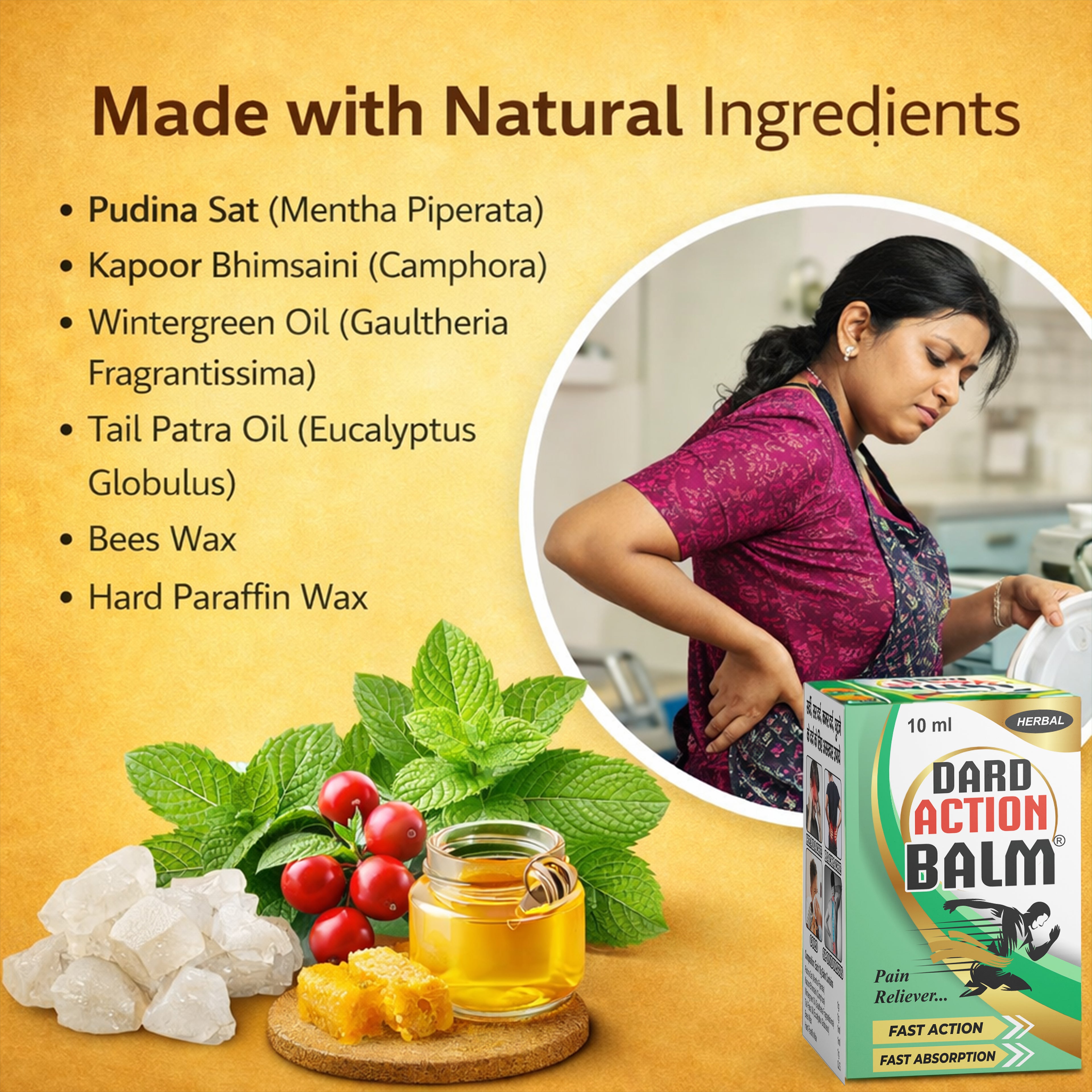 Dard Action Balm I Herba Relief from Pain I Fast Action I Fast Absorption I Effective for Headache I Spinal Pain I Chest Tightness I Arthritis-Related Pain I Cold Flu I Sciatica I All kinds of Body Pains I Ayurvedic Proprietary Medicine I 80 GM