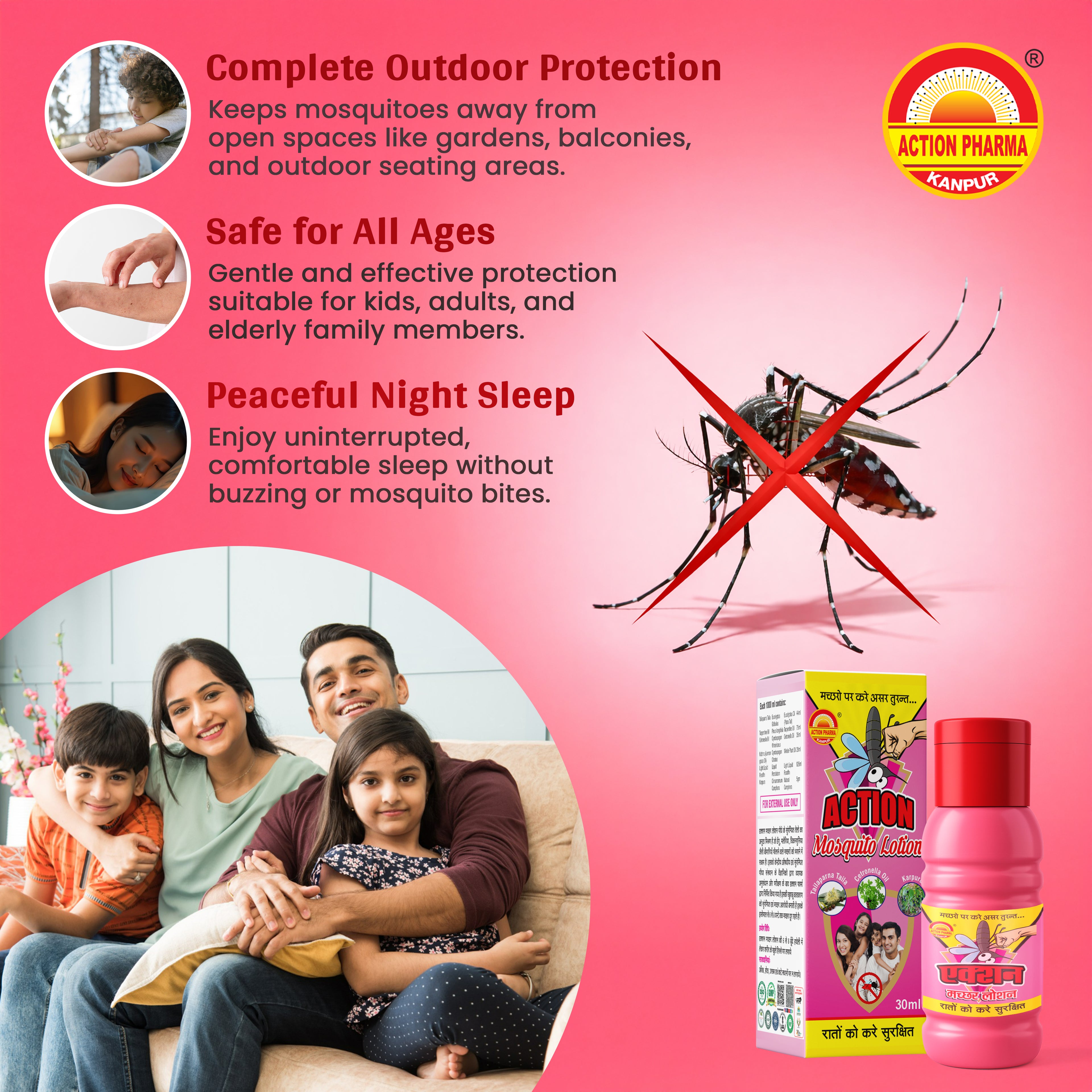Action Mosquito Lotion I Eucalyptus Oil I Citronella Oil I Camphor I Instantly effective on Mosquitoes I Ensure safety at night I Safe on Skin I Gives Full night protection to the entire family I Pleasant Fragrance with Goodness of Cetronella Oil I 360 ML