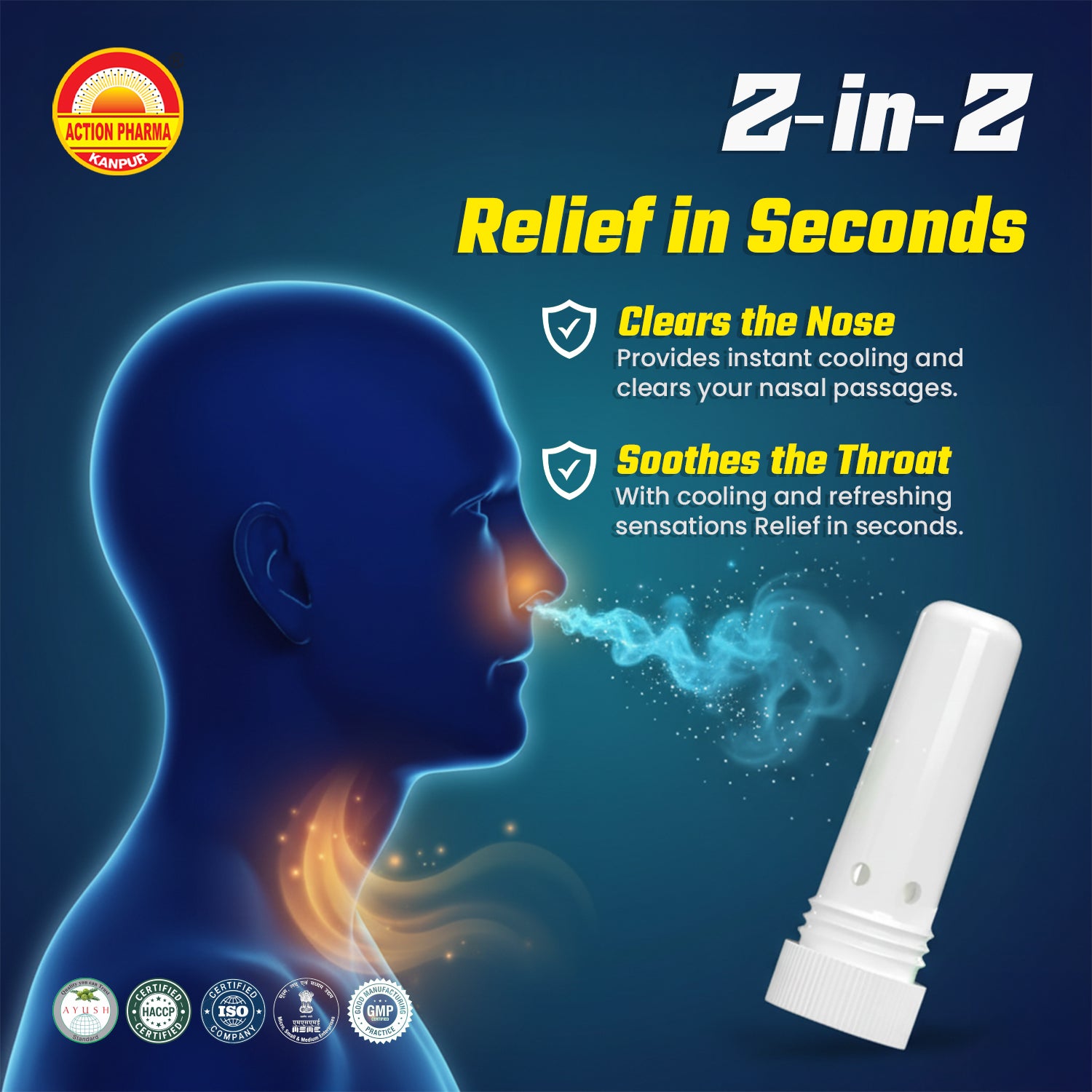Action Inhaler I Chest Throat and Back for Three Way Relief from Blocked Nose, Cough and Body Aches